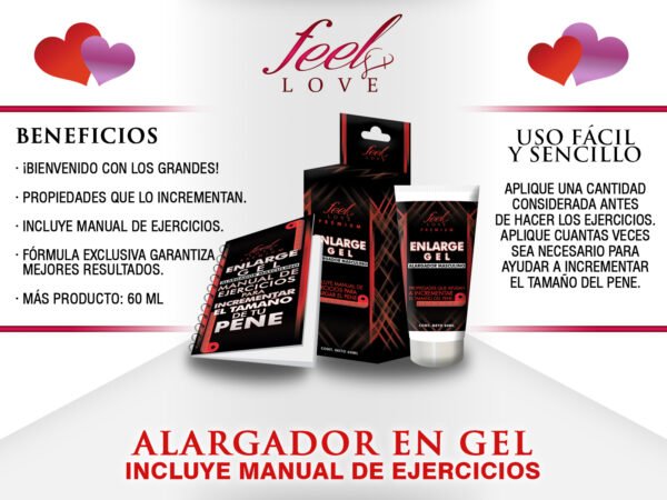 Imagen del gel alargador masculino Enlarge Gel de 60 ml, incluye manual de ejercicios para incrementar el tamaño.