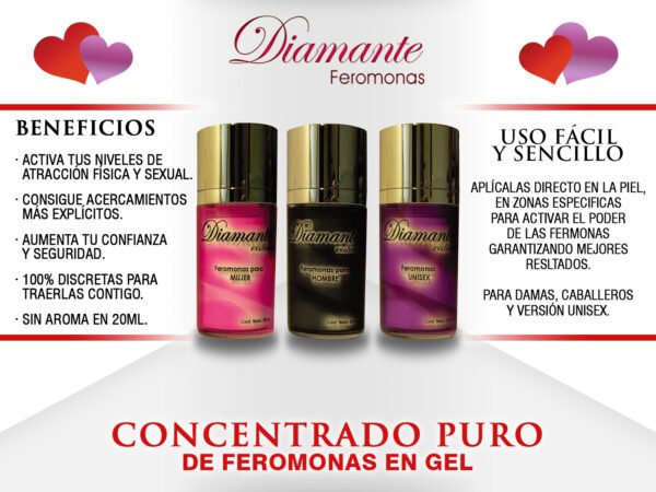 Flyer promocional de feromonas con perfume en gel de Diamante Feromonas