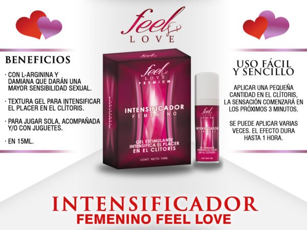 Imagen del intensificador femenino Feel Love, gel estimulante y orgásmico para el clítoris, presentado con fondo decorativo.