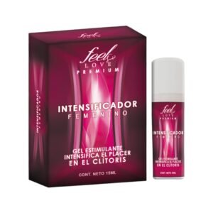 Presentación del gel estimulante para mujer Feel Love, intensificador femenino en fondo blanco.