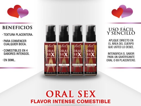 Imagen promocional de Lubricante Comestible Oral Flavor Intense con sabores moka, cream's lips, beso irlandés y erotic nut.