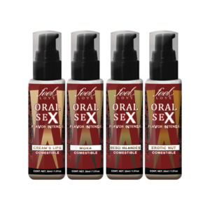 Cuatro botellas de lubricantes comestibles Oral Sex Flavor Intense en sabores variados.