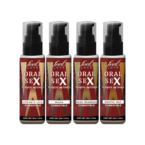 Cuatro botellas de lubricantes comestibles Oral Sex Flavor Intense en sabores variados.