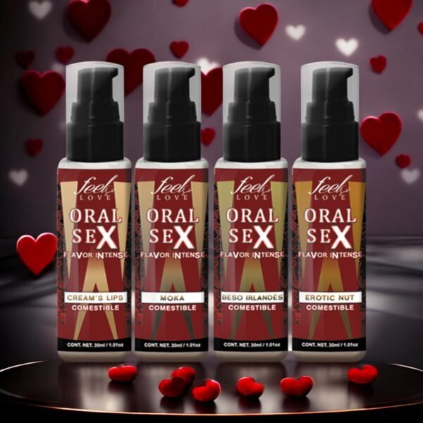 Cuatro botellas de lubricantes comestibles Oral Sex Flavor Intense con corazones decorativos.