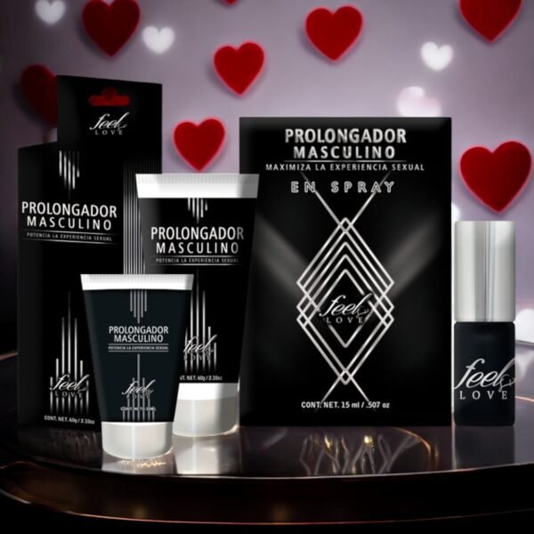 Prolongador Masculino Feel Love en crema y spray con fondo decorado de corazones.