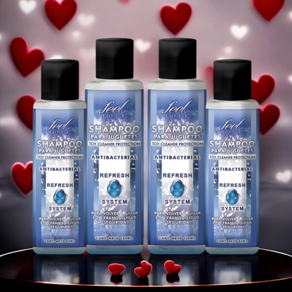 Botellas de Shampoo para Juguetes Íntimos Feel Love con fondo de corazones.