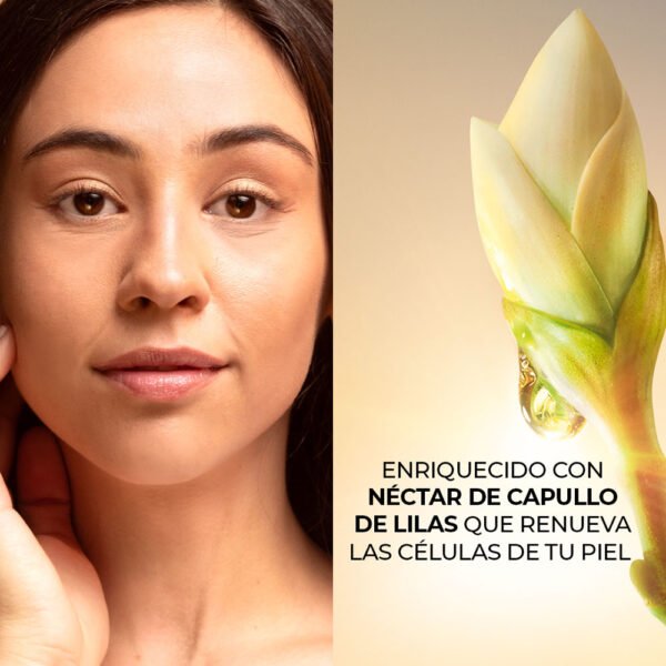 Modelo mostrando el efecto del Néctar de Capullo de Lilas, ingrediente clave del Contorno de Ojos Rejuvenecedor Anti-Age Global de Yves Rocher.