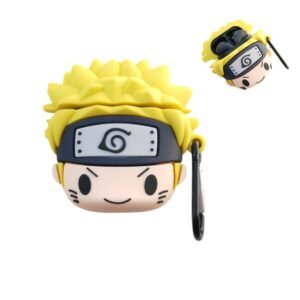 Estuche para AirPods 1 y 2 con diseño de Naruto Uzumaki, mostrando la funda completa con el gancho de transporte incluido.