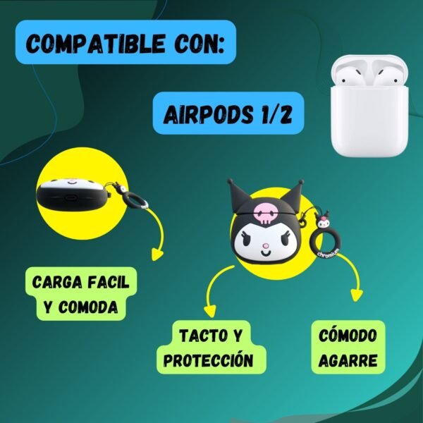 Compatibilidad de la funda AirPods Kuromi con modelos 1 y 2, beneficios de carga y protección.