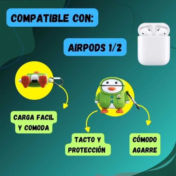 Infografía de la funda AirPods 1/2 Pochacco Sanrio con detalles sobre carga, tacto y comodidad.