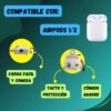 Infografía que muestra la funda AirPods Star Wars R2-D2 con sus beneficios: carga fácil, tacto y protección, y cómodo agarre. Compatible con AirPods 1 y 2.