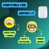 Infografía que muestra el estuche para AirPods 1 y 2 con diseño de Naruto Uzumaki, destacando sus características: carga fácil, tacto suave y cómodo agarre.