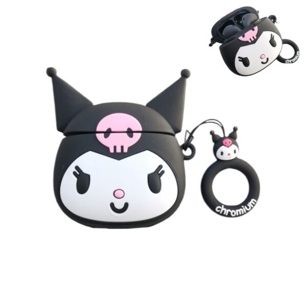 Funda AirPods Kuromi de Sanrio con anillo de sujeción, diseño kawaii en silicona.